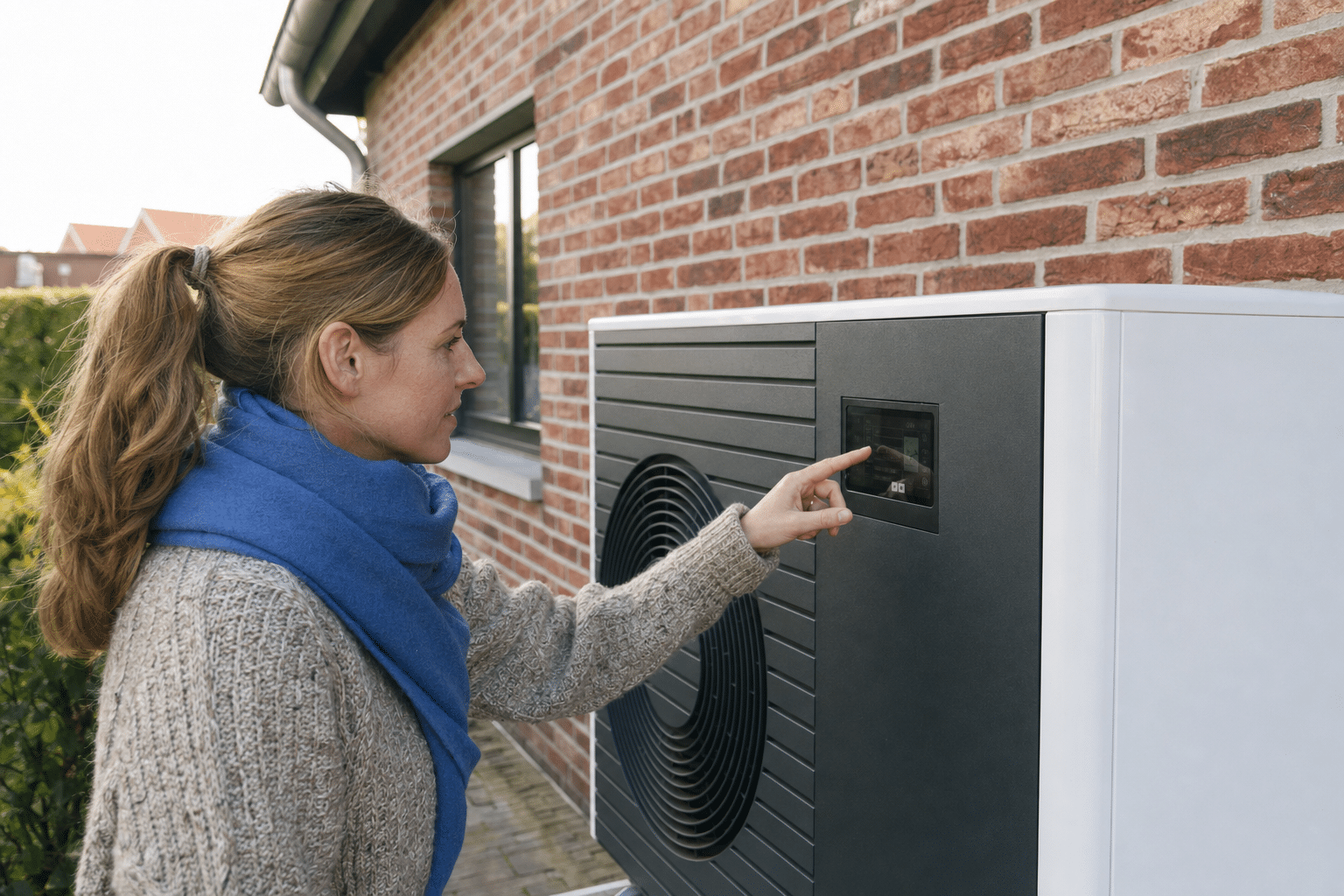 Hausbesitzerin kontrolliert Verbrauchswerte am Display einer Wärmepumpe