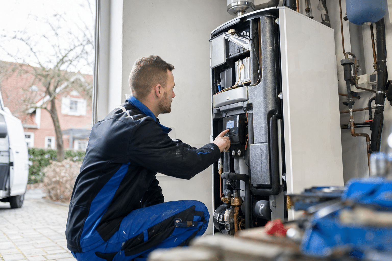 Servicetechniker kontrolliert Messwerte an der Inneneinheit einer Wärmepumpe im Hauswirtschaftsraum
