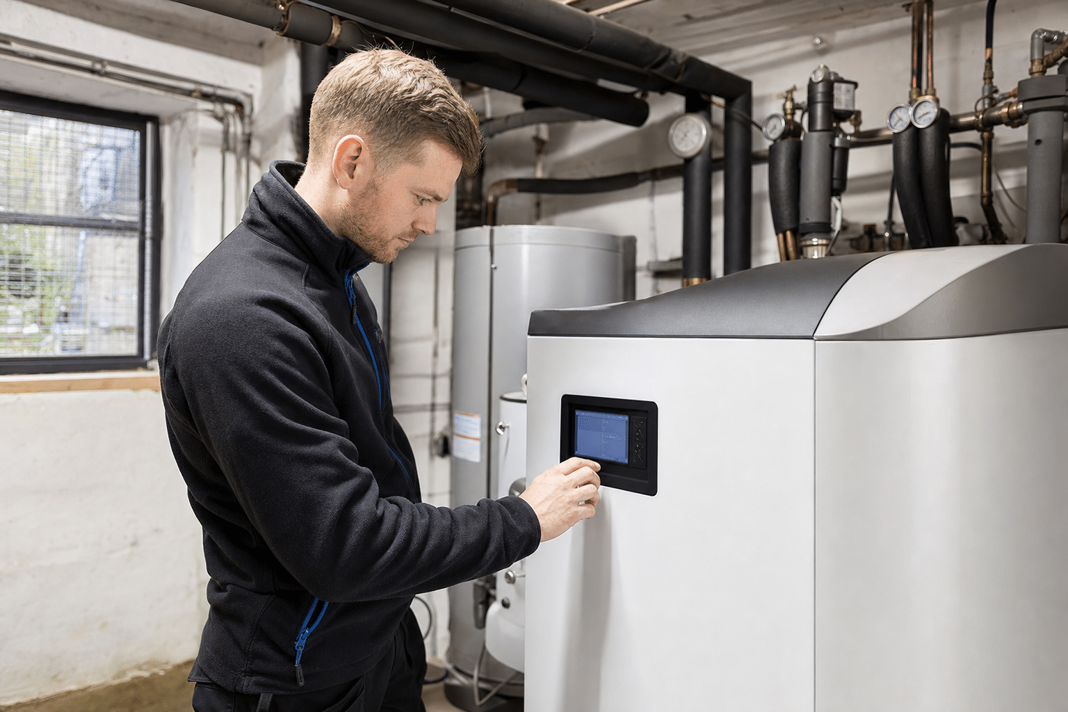 Heizungsmonteur prüft im Keller eines Oldenburger Wohnhauses die Einstellungen einer modernen Wärmepumpe
