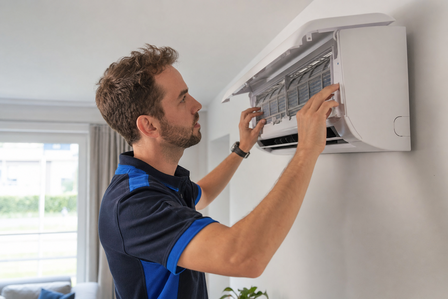 Servicetechniker prüft das Innengerät einer Klimaanlage in einem hellen Wohnraum