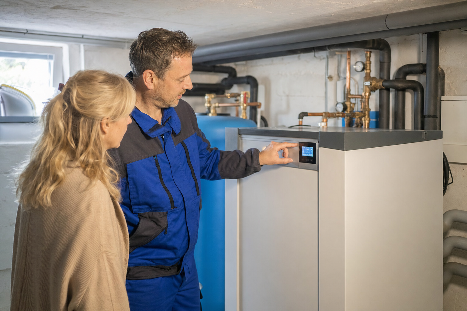 Heizungsfachmann prüft mit einer Hauseigentümerin die Wärmepumpe im Keller