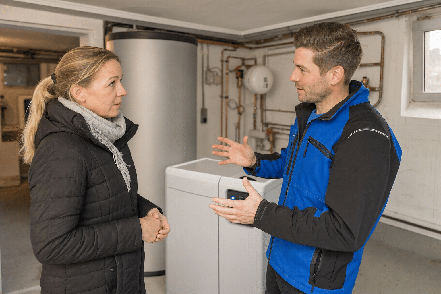 Hausbesitzerin und Heizungsfachmann besprechen im Keller die Kosten einer neuen Wärmepumpe