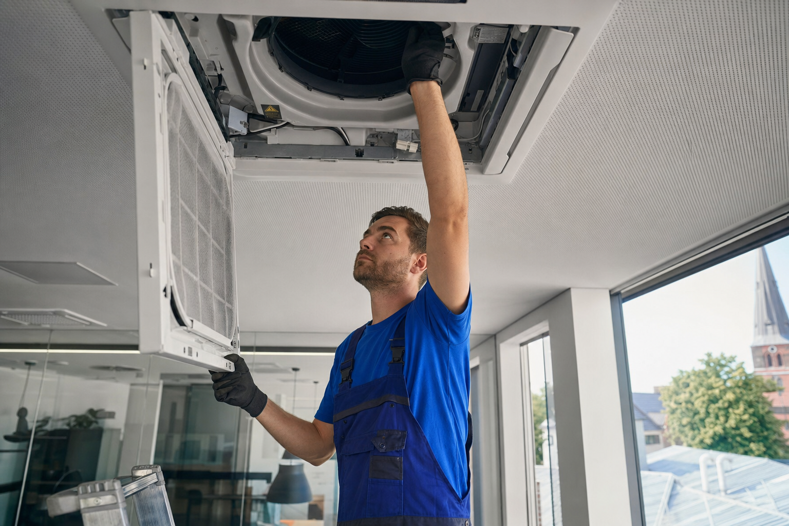 Servicetechniker bei der Wartung eines Klimageräts in einem modernen Gewerberaum