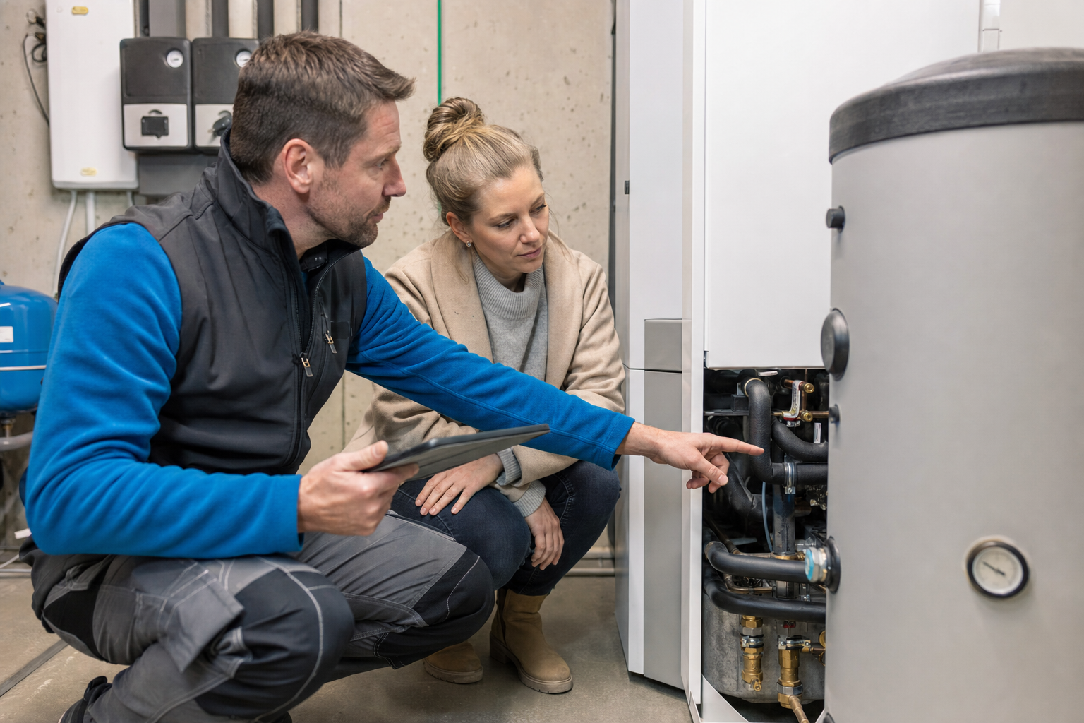 Fachberater und Hauseigentümerin prüfen im Heizungskeller die Anschlüsse einer Wärmepumpe