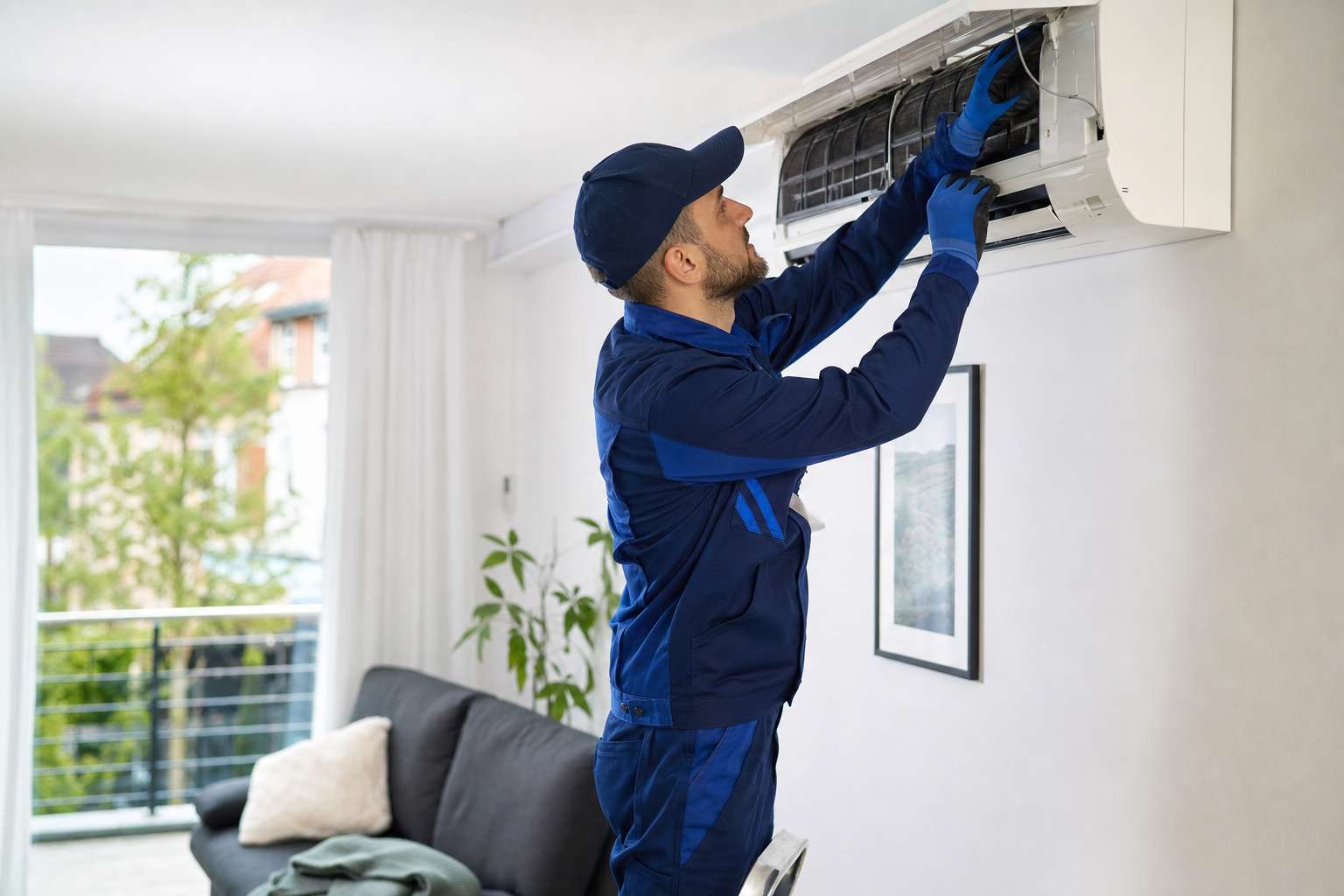 Servicetechniker prüft das Innengerät einer Klimaanlage in einem hellen Wohnraum