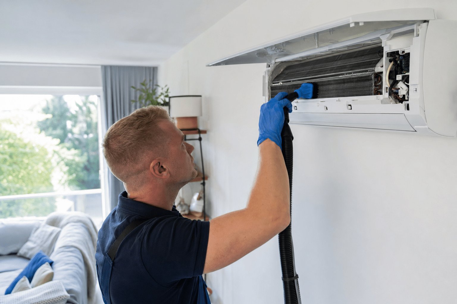 Servicetechniker reinigt den geöffneten Verdampfer einer Klimaanlage in einem hellen Wohnraum