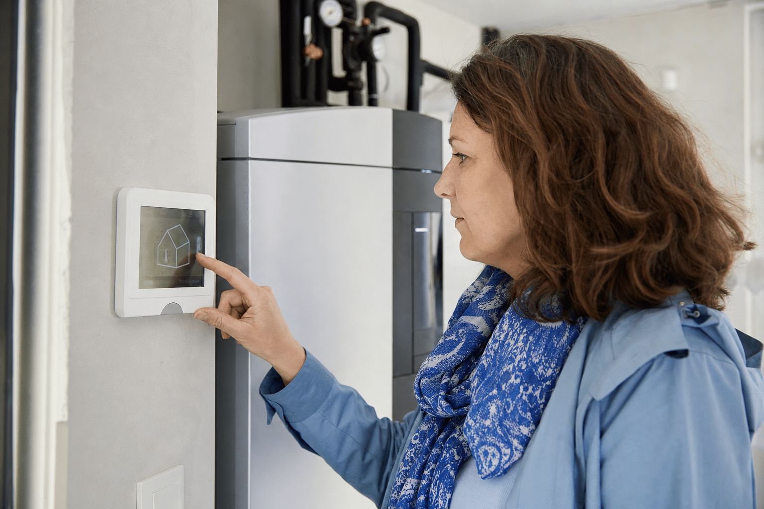 Eine Hauseigentümerin kontrolliert am Display ihrer Wärmepumpe Verbrauchs- und Temperaturwerte