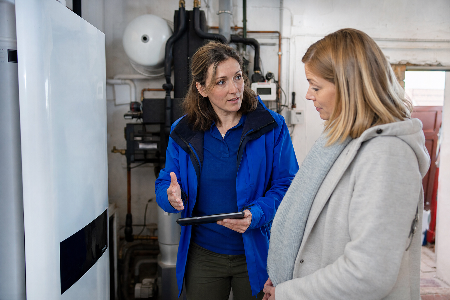 Eine Energieberaterin bespricht mit einem Hauseigentümer die Heizungsplanung im Heizungsraum