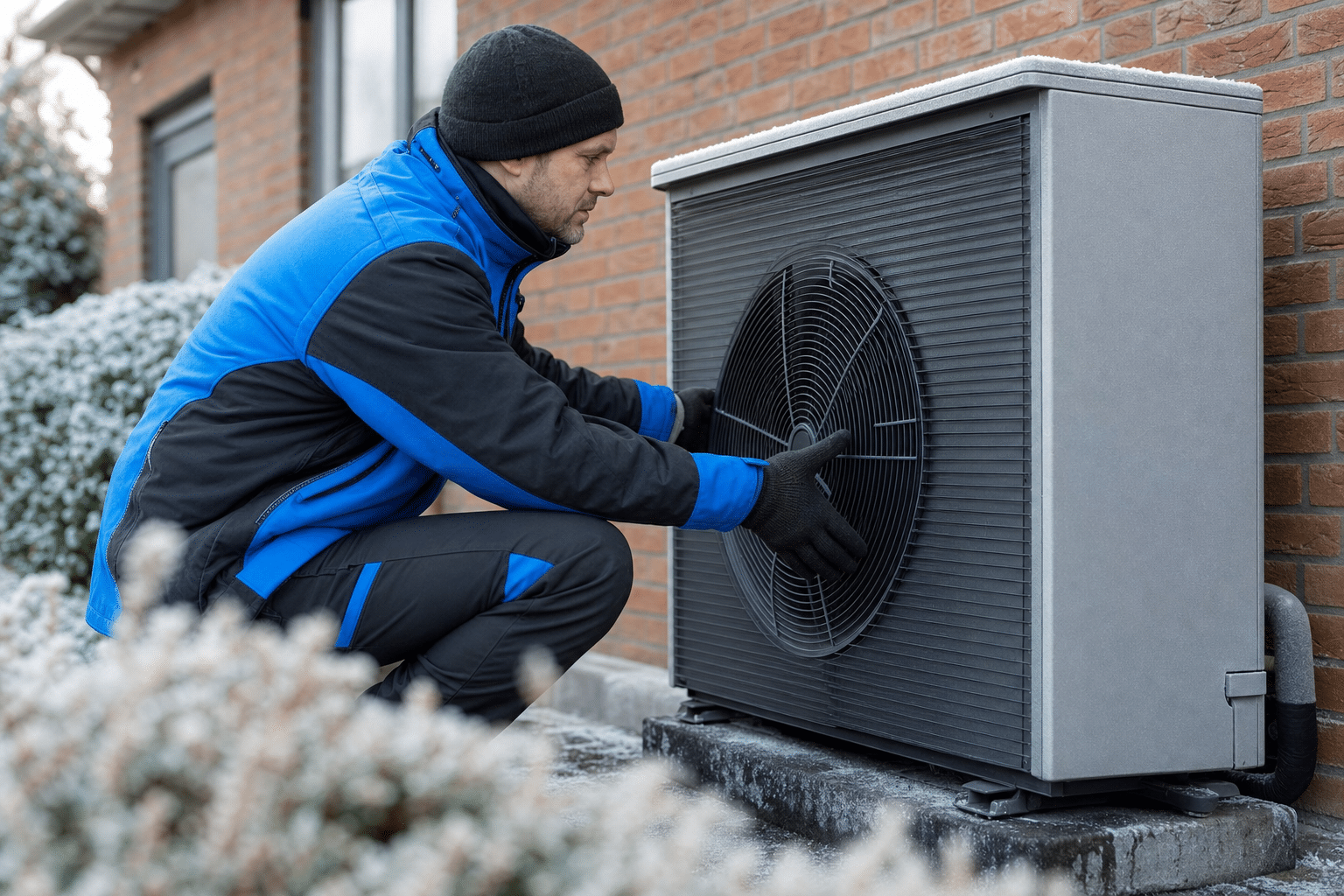 Techniker kontrolliert an einem frostigen Morgen das Außengerät einer Luft-Wasser-Wärmepumpe