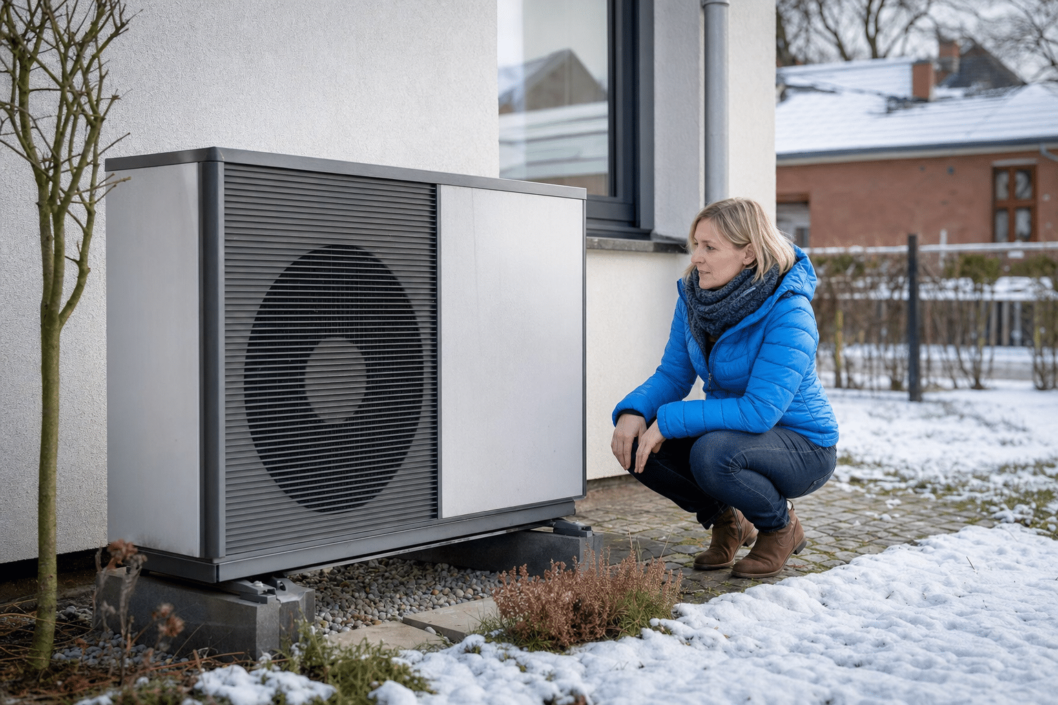 Eigentümerin kontrolliert eine schneefreie Wärmepumpen-Außeneinheit am Einfamilienhaus