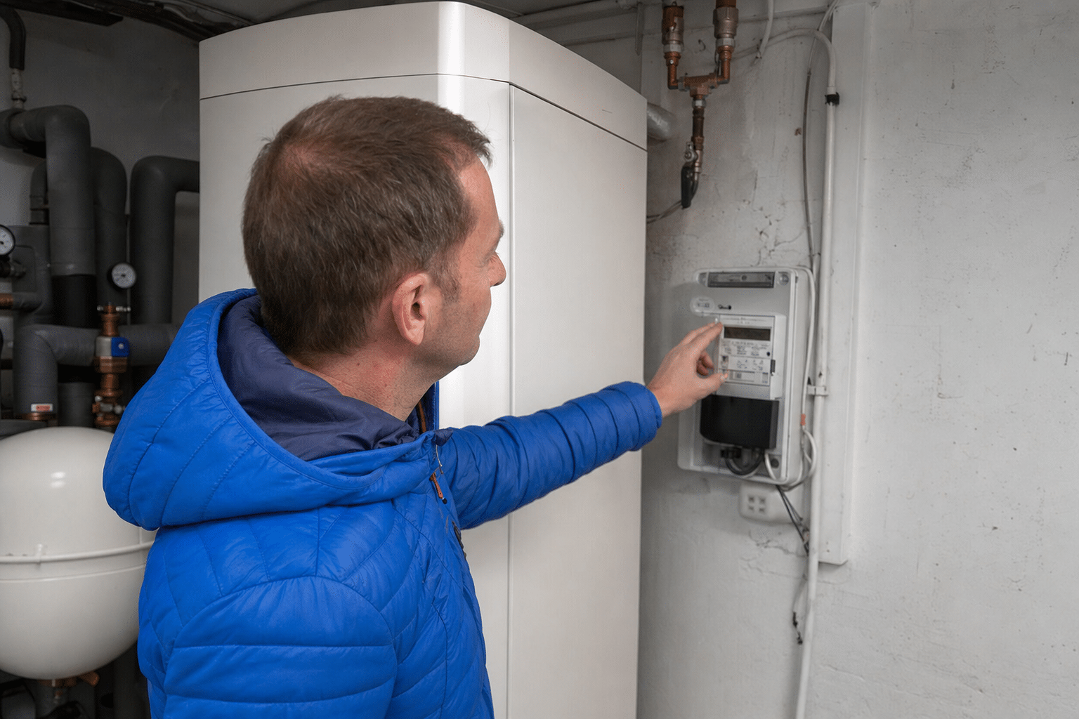 Hausbesitzer prüft im Heizungsraum den Stromzähler seiner Wärmepumpe