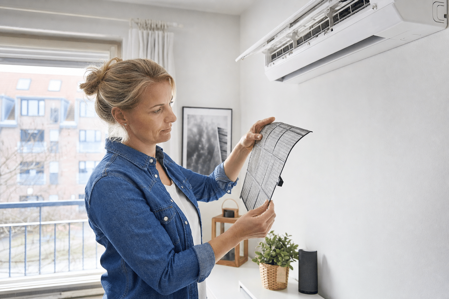 Hausbesitzerin reinigt den herausnehmbaren Filter eines Klimageräts im Wohnzimmer