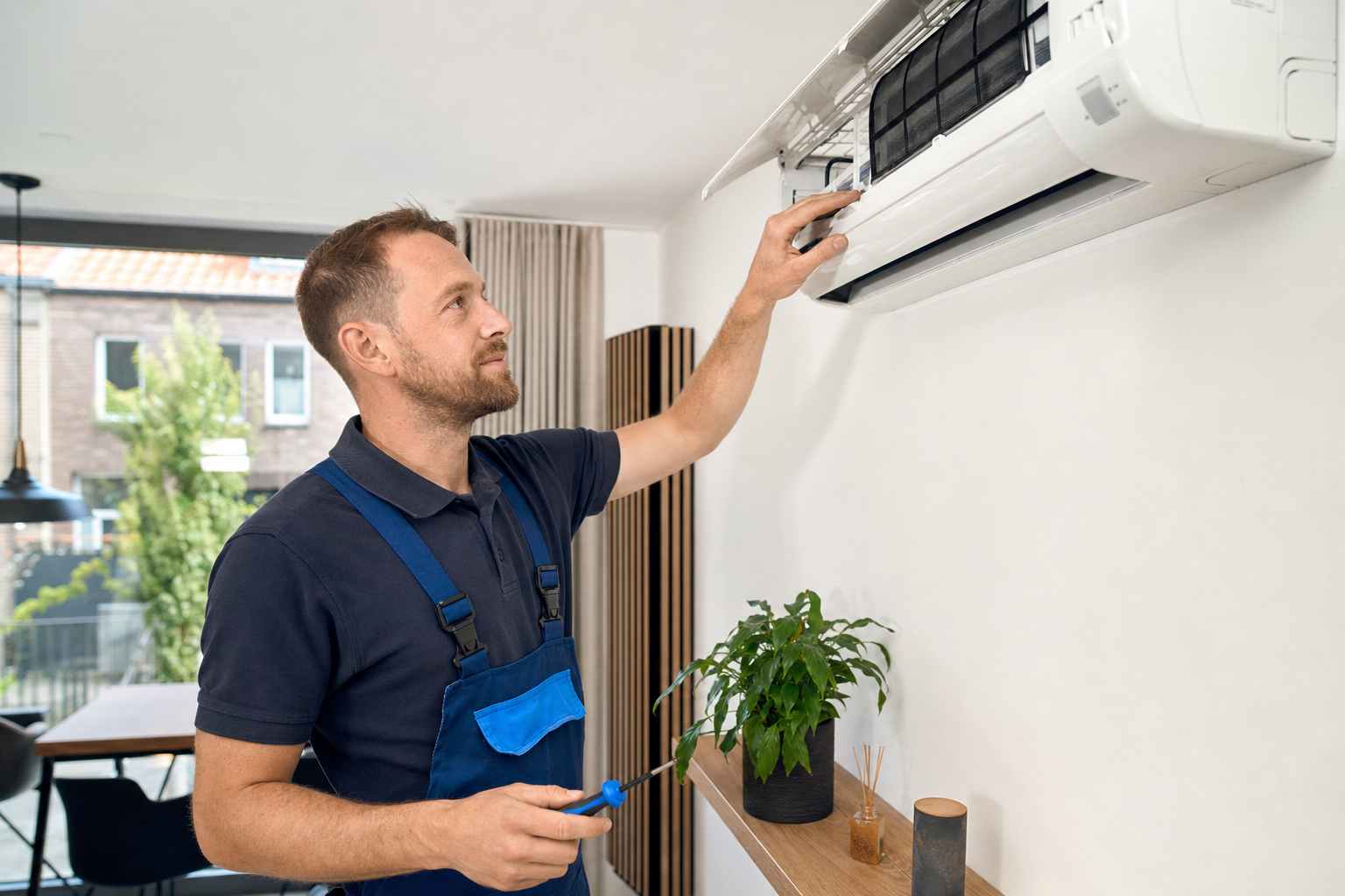 Techniker prüft eine wandmontierte Klimaanlage in einem hellen Wohnzimmer