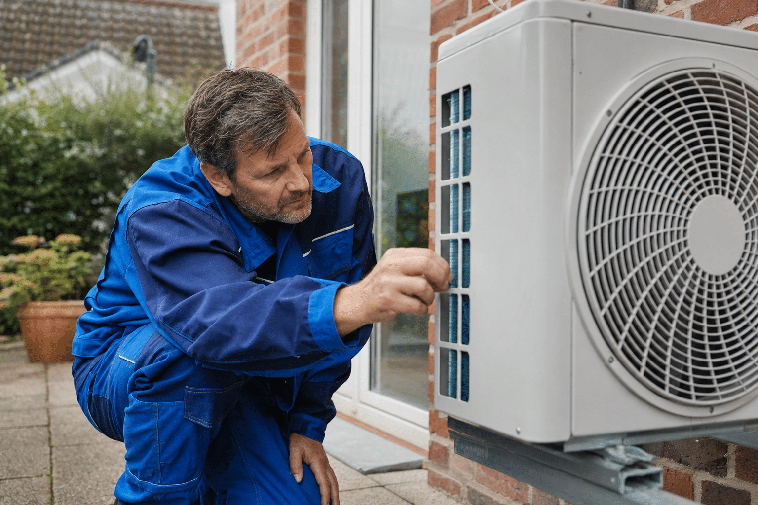 Techniker prüft das Außengerät einer Splitklimaanlage an einem Wohnhaus
