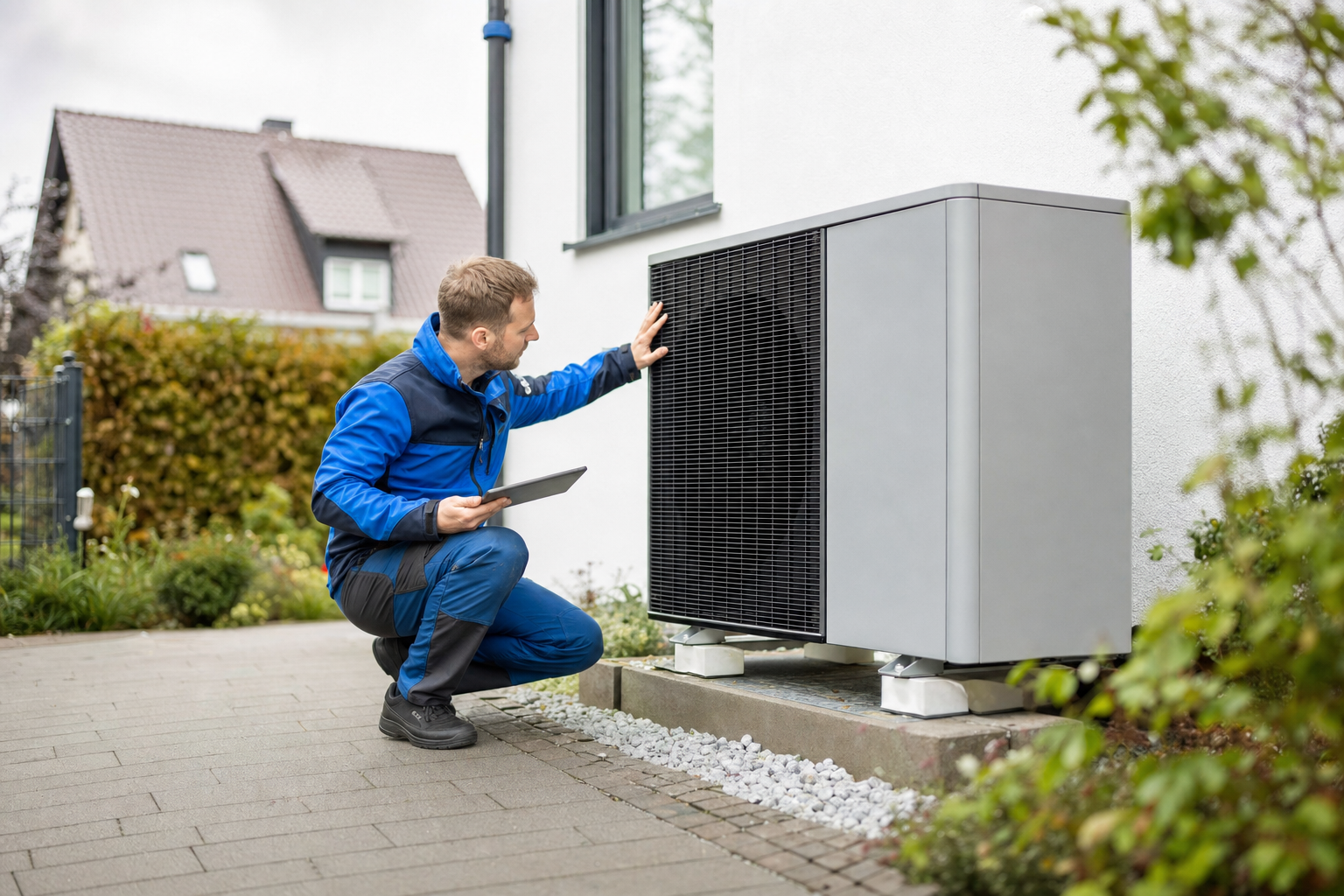 Servicetechniker prüft das Außengerät einer Wärmepumpe neben einem Wohnhaus