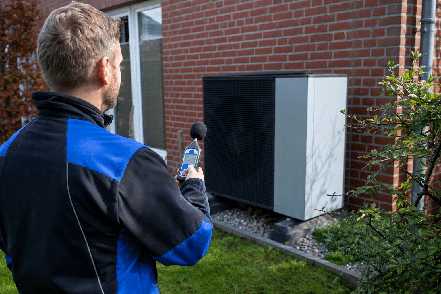 Techniker misst mit einem Schallpegelmessgerät vor einer Wärmepumpe im Garten
